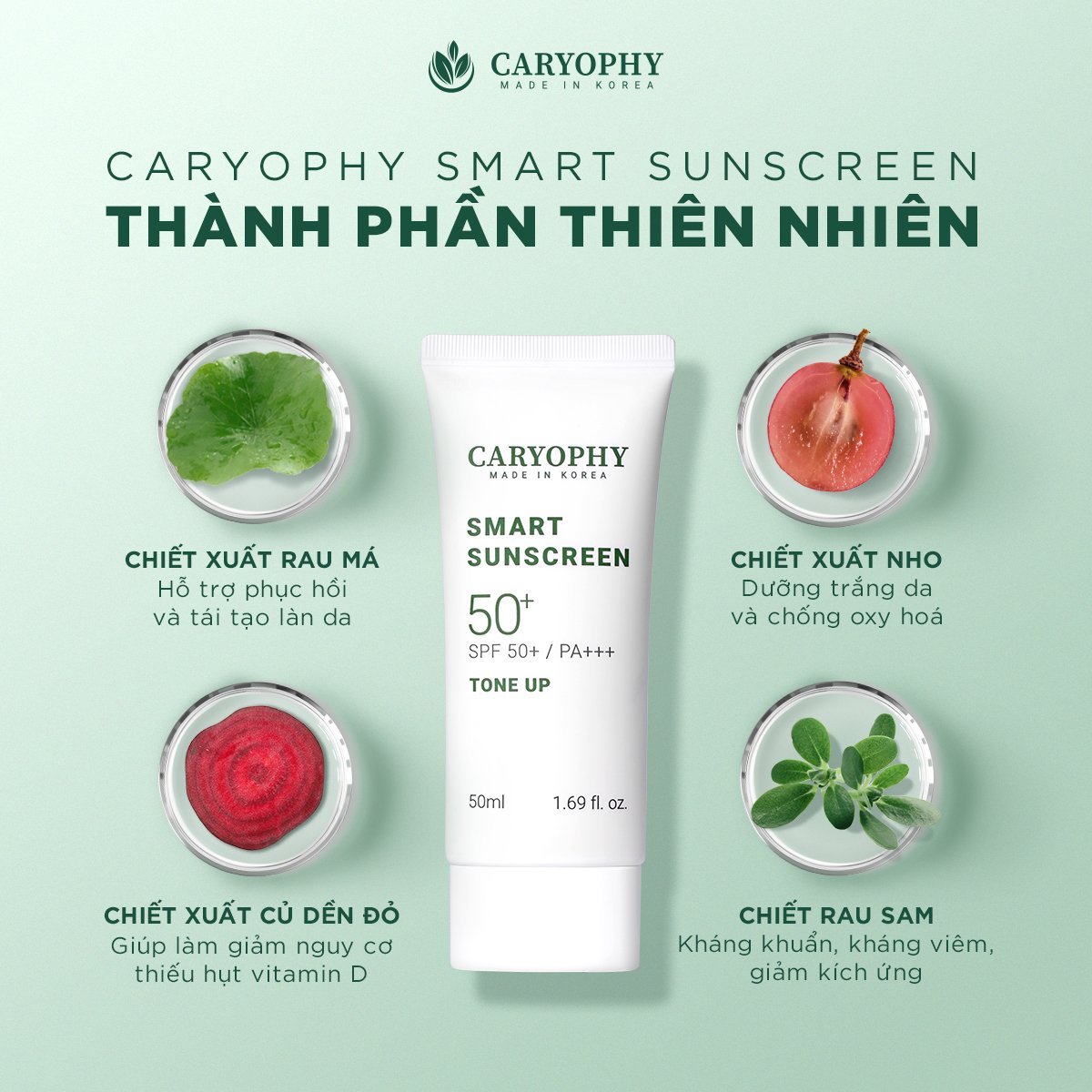 Kem chống nắng thông minh Caryophy Smart Sunscreen SPF50+ PA++ + TONE UP 50ml + Tặng kèm 1 Băng Đô Tai Mèo (MÀu Ngẫu Nhiên)