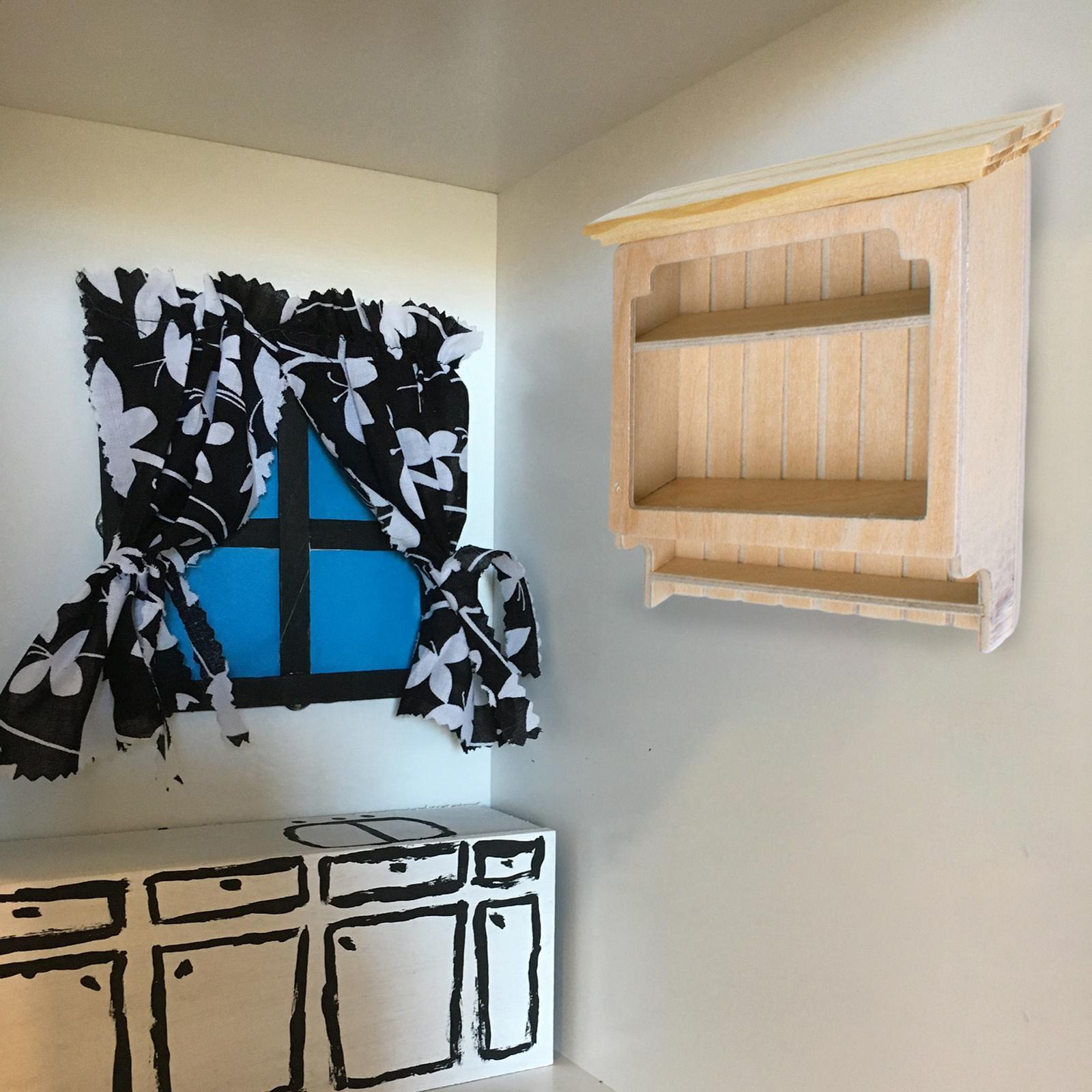 Wooden Bookshelf Dollhouse Living Room Mini 1:12 Wall Hanging Cabinet Decoration