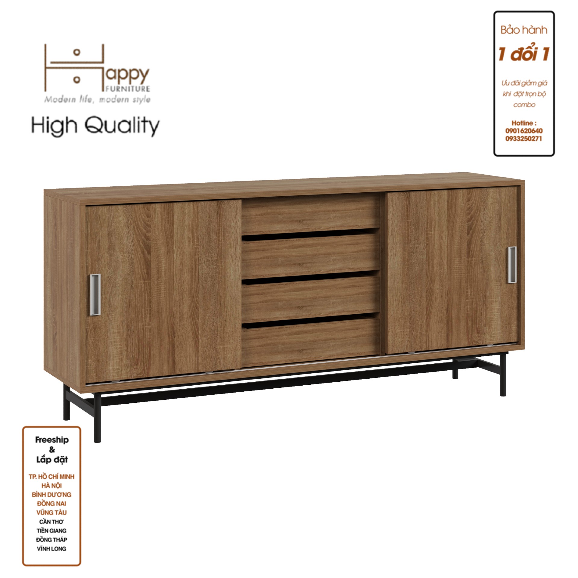 [Happy Home Furniture] LUCA, Tủ lưu trữ 4 ngăn cánh lùa - Chân sắt, 150cm x 36cm x 70cm ( DxRxC), TCL_022