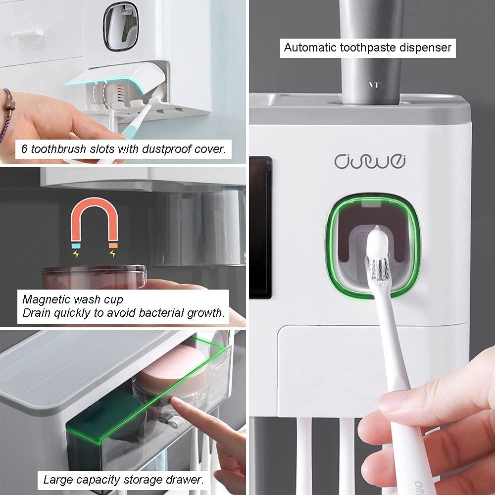 Giá treo bàn chải đánh răng treo tường với hộp đựng kem đánh răng, cốc trong, ngăn đựng mỹ phẩm ngăn kéo và khe cắm bàn chải đánh răng 6/7, không cần khoan