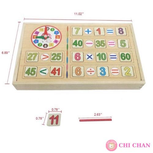 Đồ chơi gỗ kết hợp toán học có đồng hồ, que tính, bảng đen, số, phấn, lau bảng, cho bé từ 4 tuổi, đồ chơi giáo dục