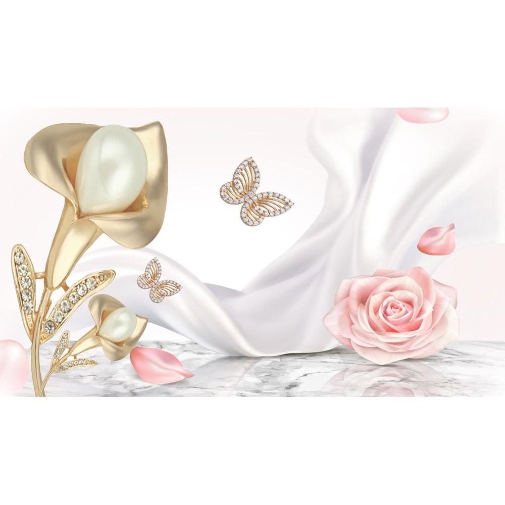 Tranh dán tường Tranh hoa hồng bên dải lụa sang trọng, tranh dán tường 3d hiện đại