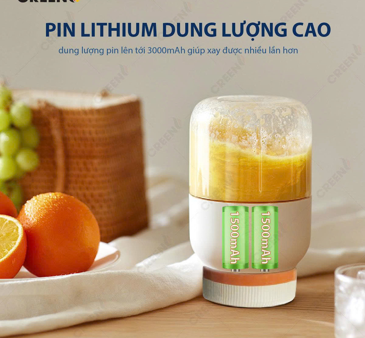 Máy Xay Sinh Tố Cầm Tay CREEN CR-BL800, Dung tích 800ml 80W, Pin Lithium 3000mAh, Lưỡi Kép 38 Cánh - Hàng Chính Hãng