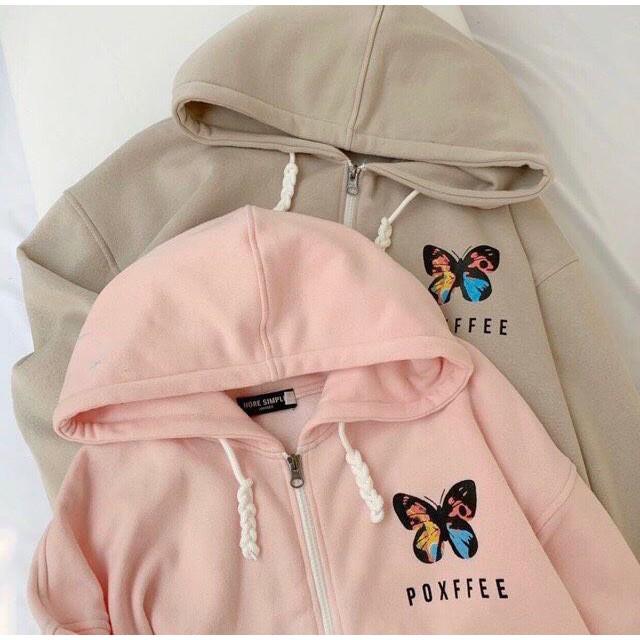 Áo hoodie bướm Poxffee unisex form rộng có dây kéo chất nỉ bông chống nắng tốt SmileZ
