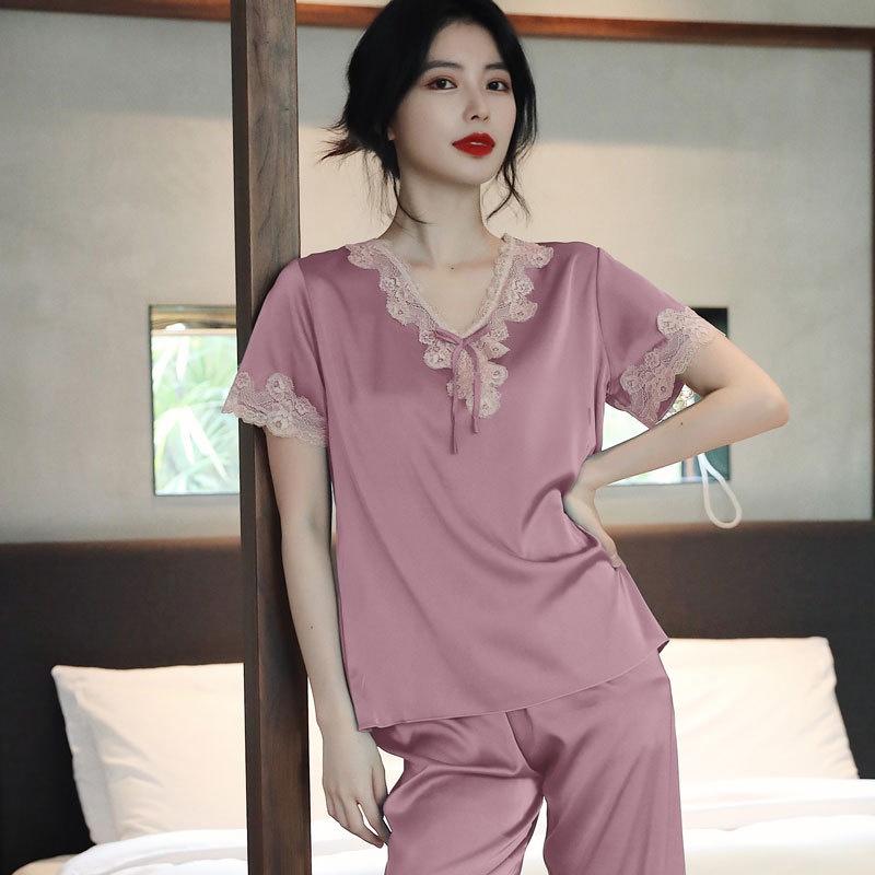 Bộ đồ ngủ pijama nữ, bộ mặc nhà quần lửng mùa hè vải lụa ngắn tay, cổ chữ V phối ren quyến rũ, phong cách ngọt ngào PN