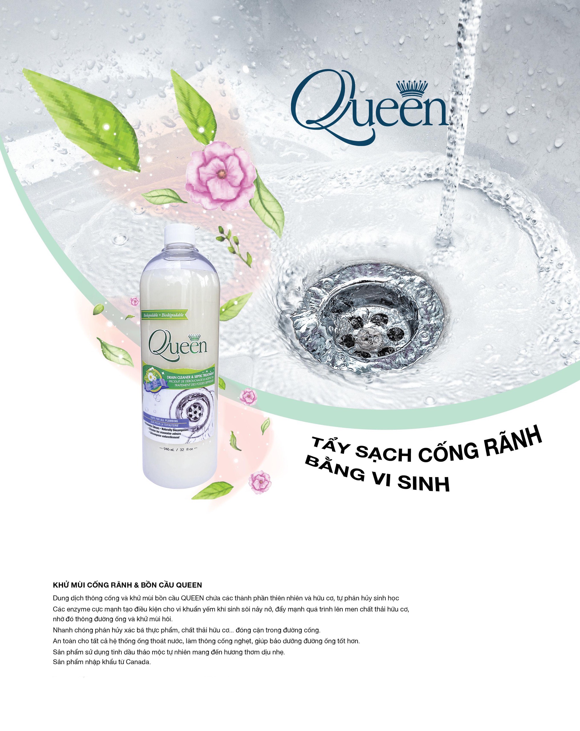 Dung Dịch Thông Cống và Khử Mùi Bồn Cầu QUEEN Hương Thảo Mộc (946ml)