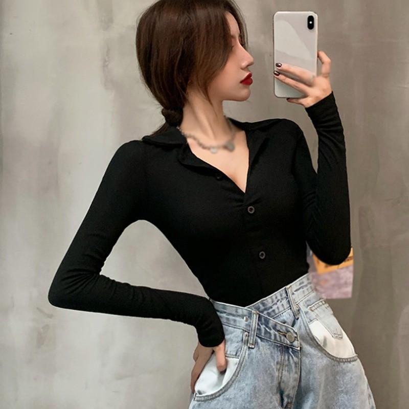 Áo Thun Cotton Ôm Dáng Màu Trơn Tay Dài Gợi Cảm Cho Nữ