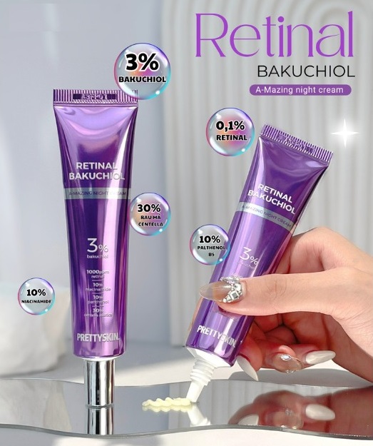 Kem Dưỡng Ban Đêm Tái Tạo, Phục Hồi Và Trẻ Hóa Làn Da PrettySkin Retinal BakuChiol A-Mazing Night Cream 30ml + Tặng 1 Mặt Nạ PrettySkin