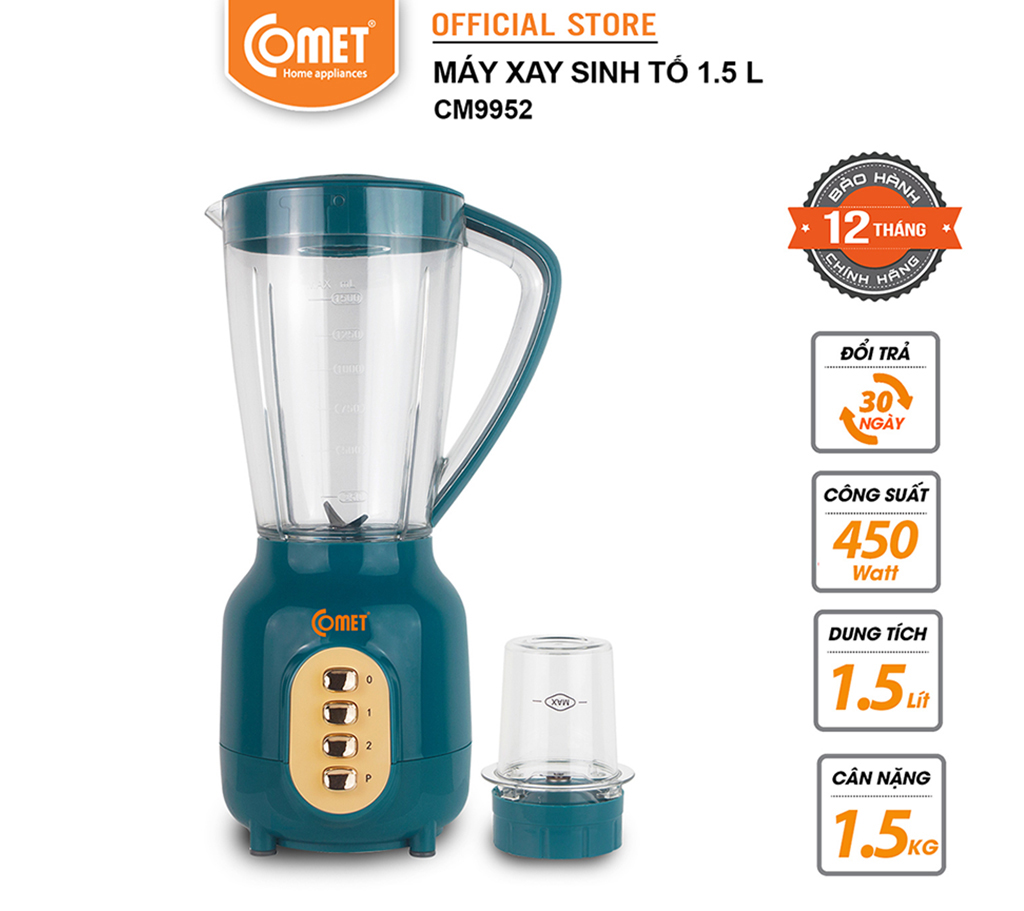 Máy Xay Sinh Tố Comet CM9952 – 450W, Cối Nhựa Kháng Vỡ 1.5L, Lưỡi Dao Inox Sắc Bén - Hàng chính hãng