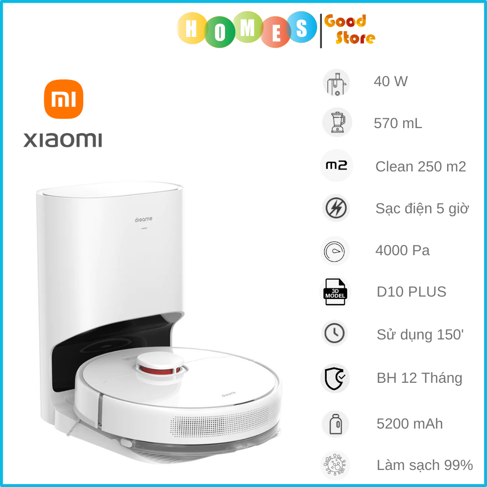 Robot Hút Bụi Lau Nhà XIAOMI DREAME D10 PLUS, Thuật Toán Thông Minh Tối Ưu Quãng Đường, Cảm Biến Chống Rơi Rớt, Diện Tích Hoạt Động 250m2 Công Suất 40W, Lực Hút 4000 Pa - Hàng Chính Hãng