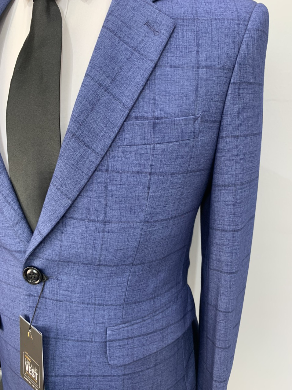 Bộ vest nam xanh nhạt kẻ ô Hàn Quốc