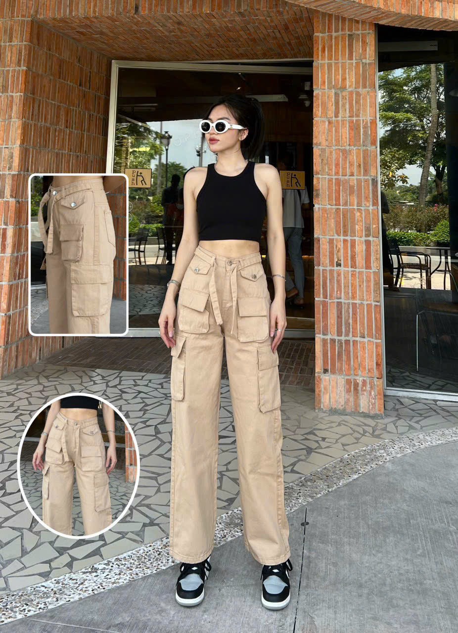 Quần Jean Nữ Túi Hộp 6 túi, quần ống rộng lưng cao phối Dây Dáng Suông dáng Cargo Pants chất KaKi dày dặn không phai màu
