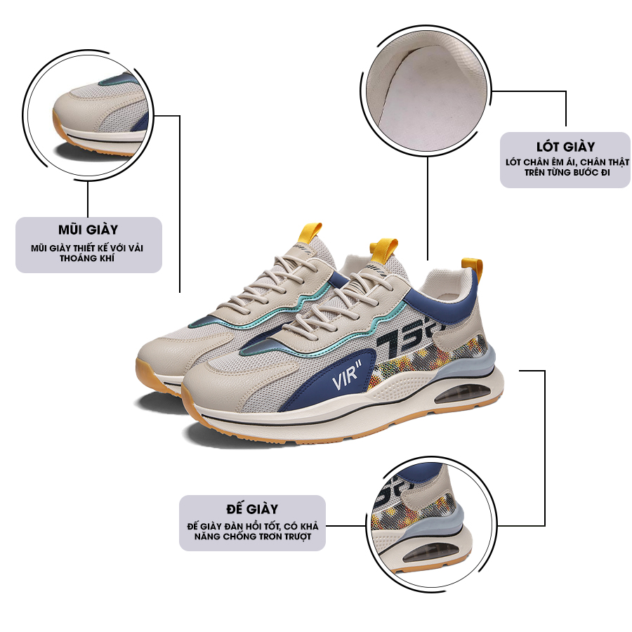 Giày Thể Thao Nam MENDO - Giày Sneaker Màu Kaki - Xám - Đen, Giúp Tăng Chiều Cao Tự Tin Ra Ngoài- G5040