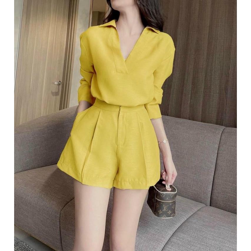 Sét bộ thời trang nữ áo sơ mi cổ V tay dài phối quần đùi đa dạng màu sắc .