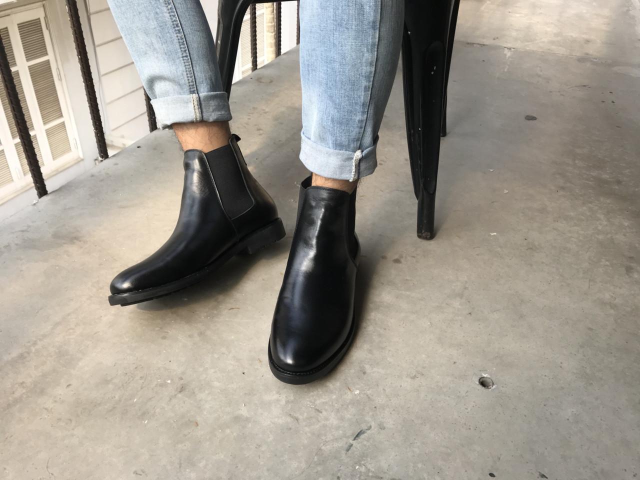 Giày Chelsea Boot, giày cao cổ nam Lucacy đen trơn da bò cao cấp