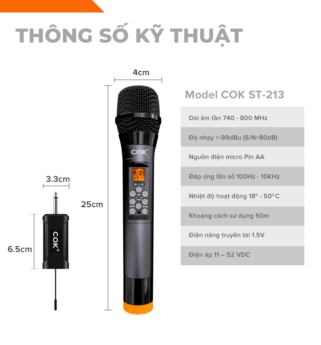 Micro không dây cao cấp C.O.K ST-213 (2 Mic), Dành cho loa kéo & dàn âm ly, Jack 6.5, bắt âm tốt - Hàng chính hãng 100%