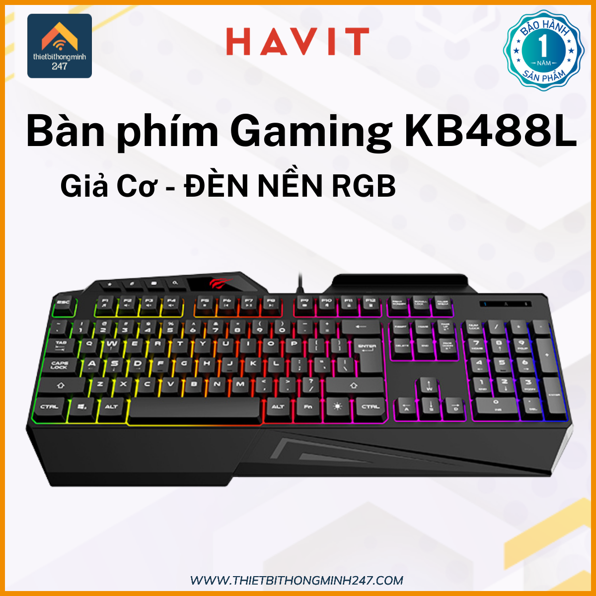Bàn phím Gaming có dây HAVIT GAMENOTE KB488L đèn nền LED RGB Full-size 108 phím Cổng USB dài 1.5m Đen Hàng Chính Hãng