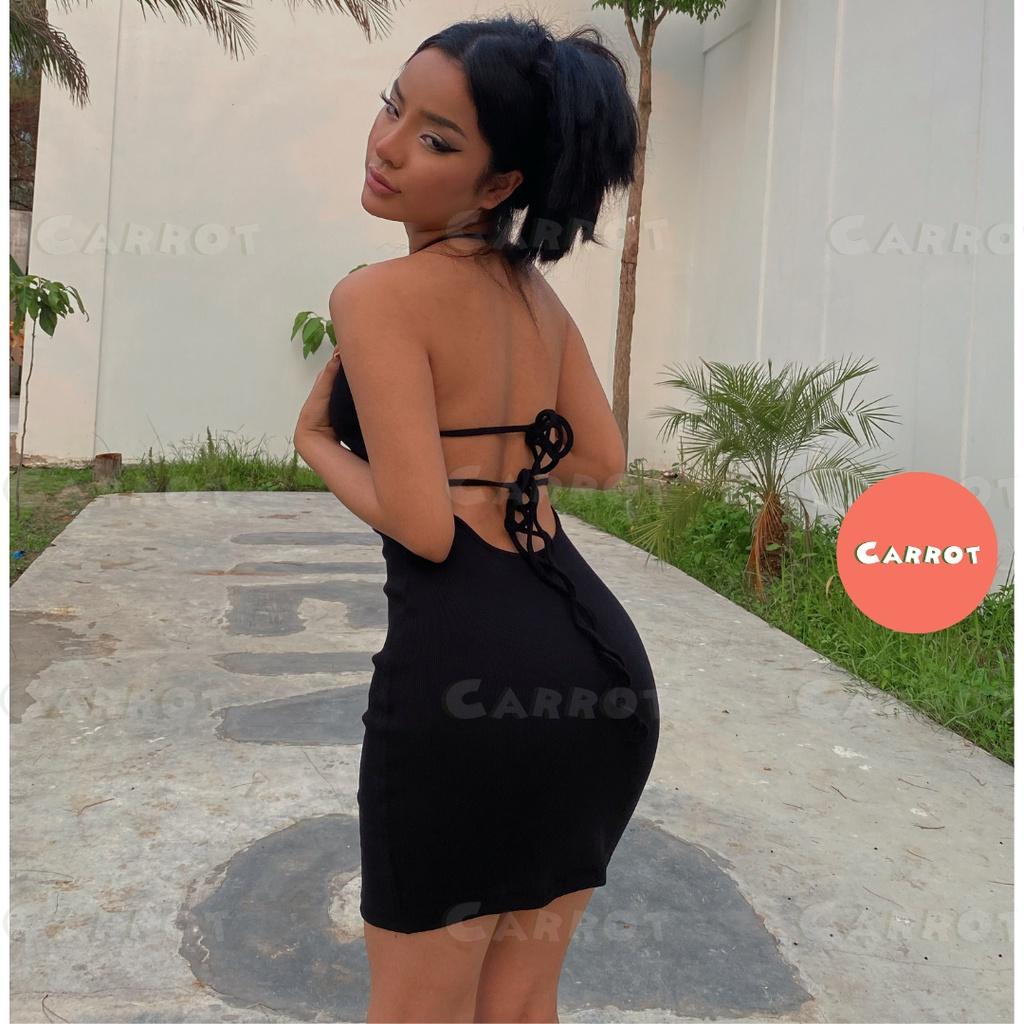 Đầm body sexy hở lưng hở eo váy thiết kế ôm cổ yếm hở vai cột dây quyến rũ sang chảnh màu đen thun gân carrotxinhdep- 56