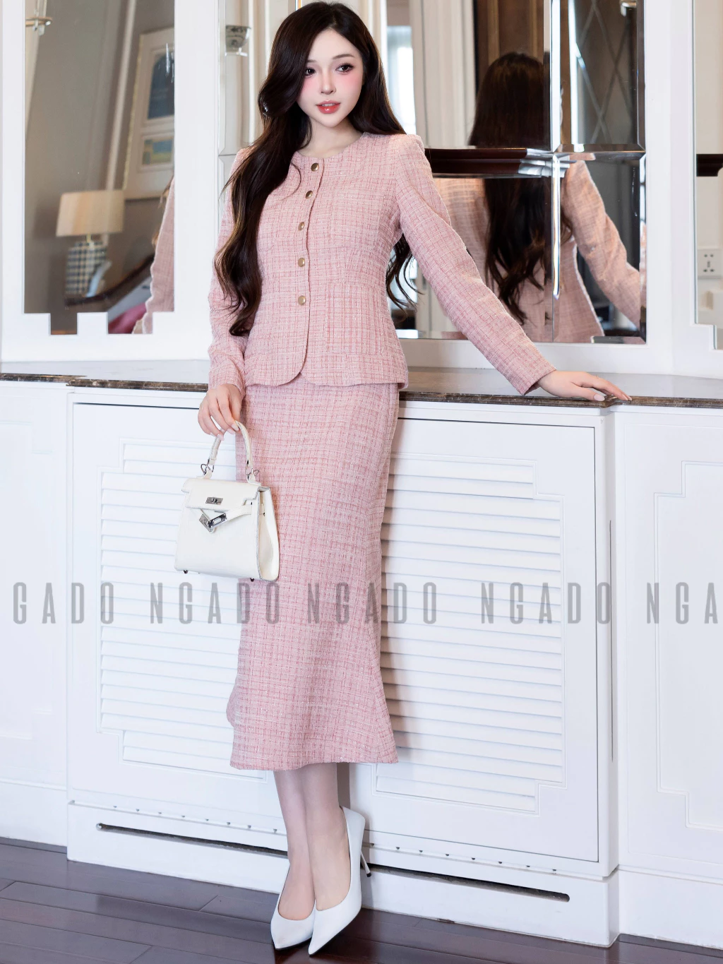 Set áo váy tweed hồng NGADO , set áo kèm chân váy đuôi cá