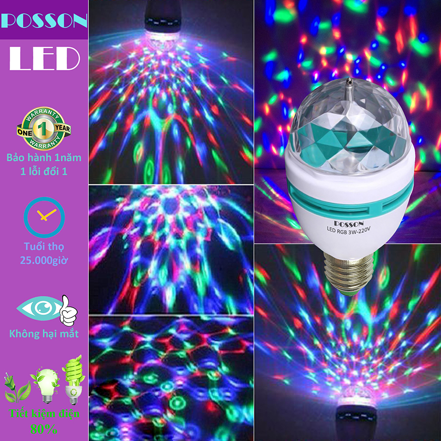 Đèn Led sân khấu vũ trường nhiều màu RGB 3w pha lê tự xoay Posson L-RGB3