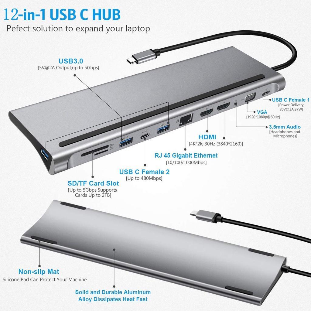 Đế Sạc 12 Trong 1 Cổng Type-C HDMI * 2 VGA Audio TF / SD Ethernet PD USB-C HUB Cho Laptop Macbook pro