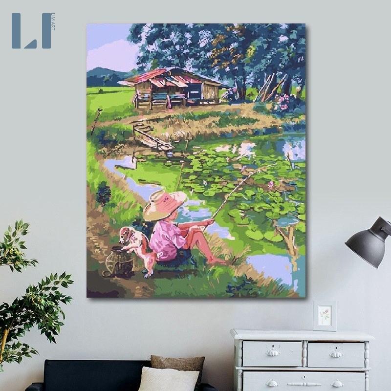 Tranh tô màu theo số có khung phong cảnh làng quê - Tranh sơn dầu số hóa tự tô T240