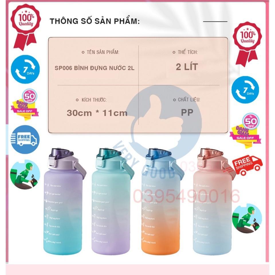 Bình nước 2 lít cute chia vạch nhắc nhở có vòi hút, dùng cho tập gym thể thao, tặng kèm Sticker