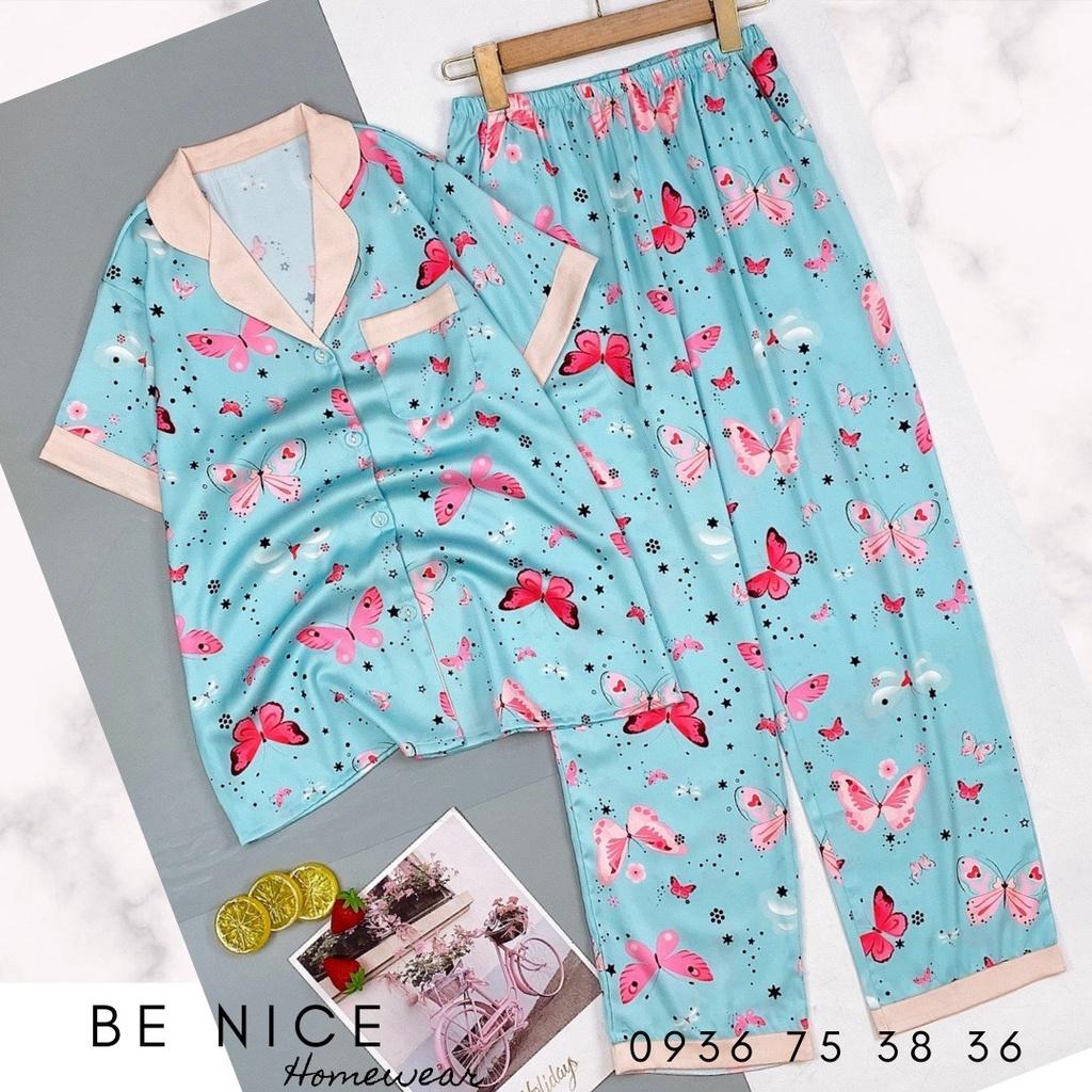 Set pijama lụa mặc nhà cổ phối màu tay ngắn quần dài, Be Nice Homewear