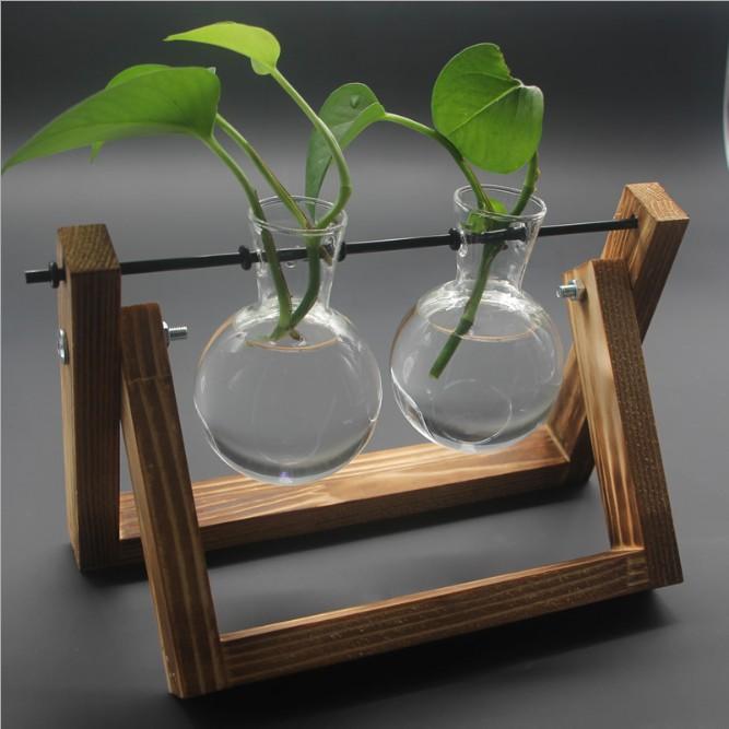 KHO-HN * Bộ chai thủy tinh và giá treo theo phong cách Vintage để trồng cây thủy sinh trang trí - gỗ nâu cháy