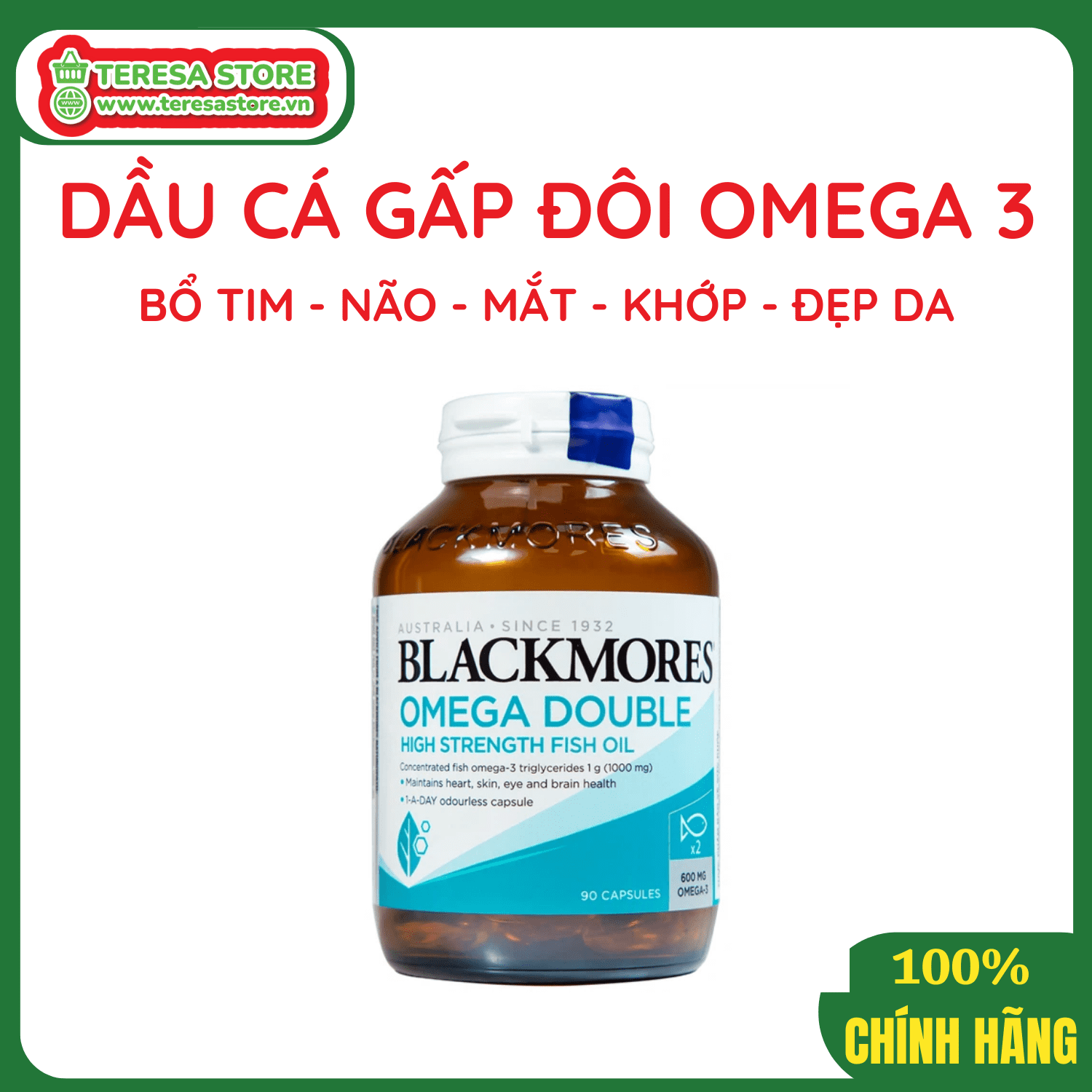 Viên Uống Dầu Cá Omega 3 Bổ Não, Bổ Mắt Blackmores Omega Double High Strength Fish Oil Hộp 90 viên