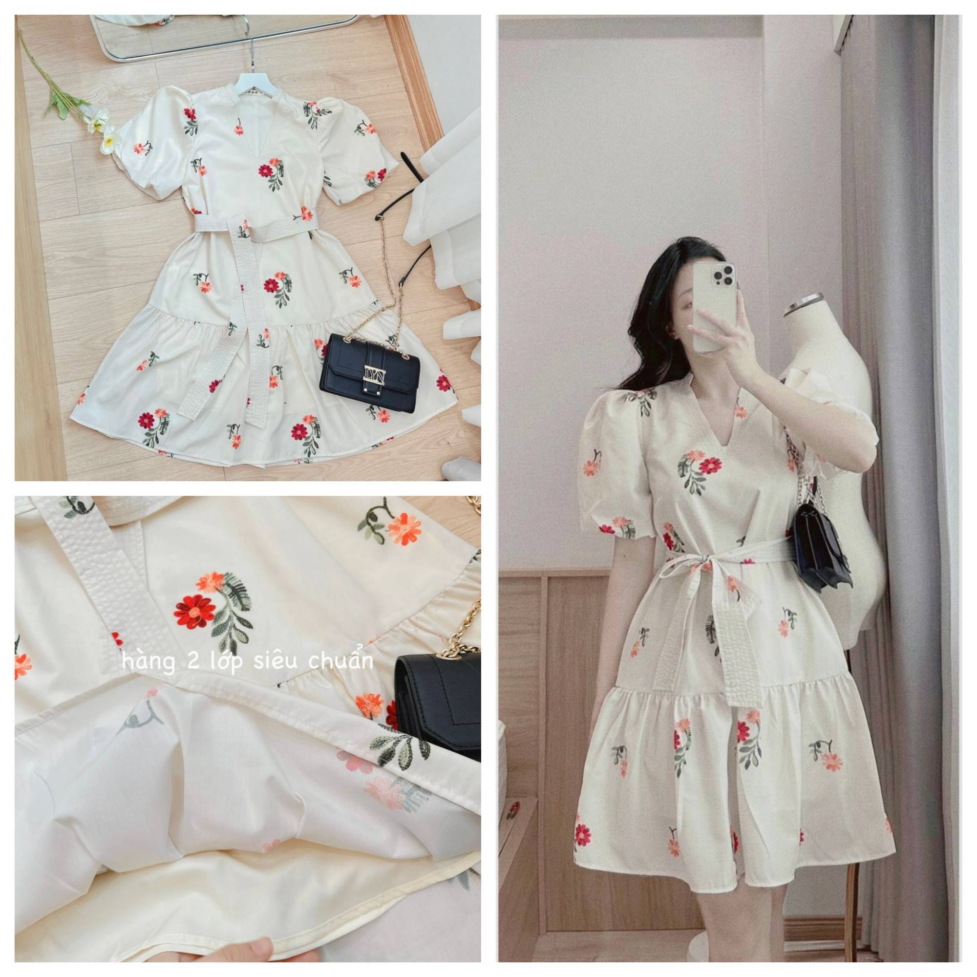 Đầm xòe be hoa đỏ cổ V dây đai 2 lớp DN687