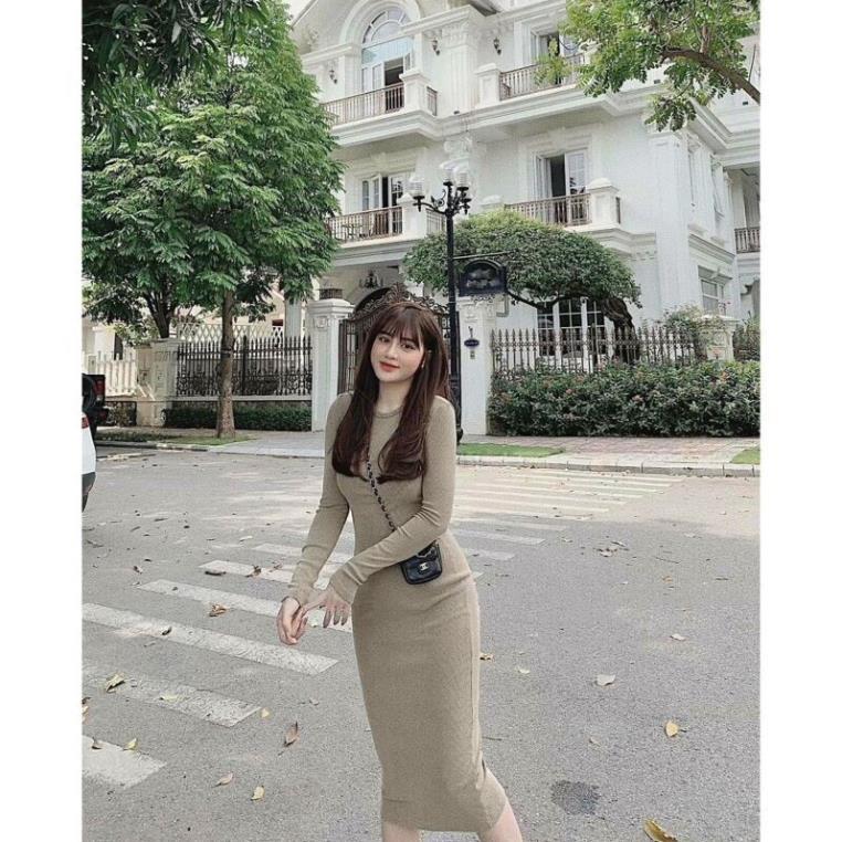 Váy len tăm body dài tay nhiều màu hàng đẹp - Đầm len NỈ body hot new