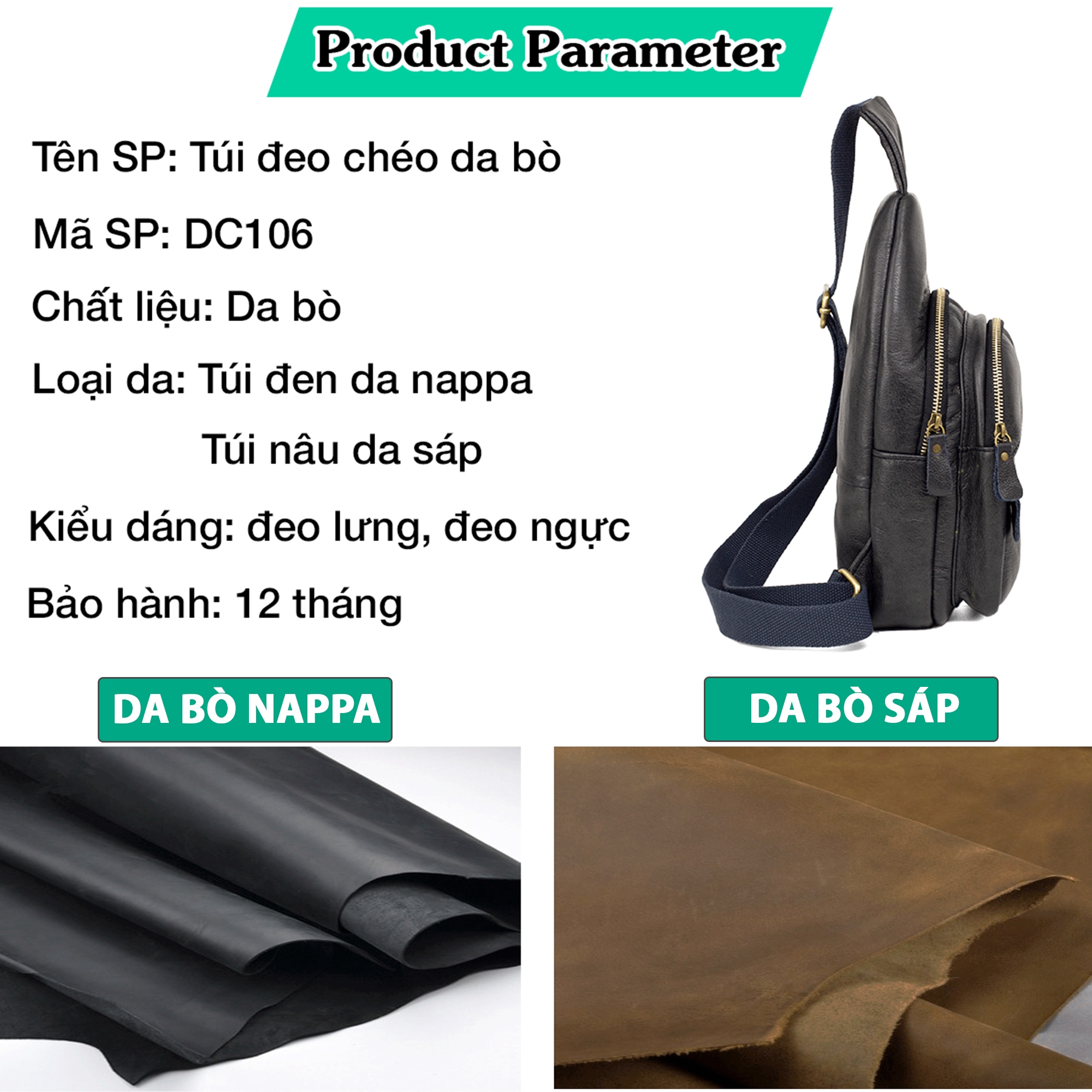 Túi đeo chéo nam Da bò thật Bụi Leather DC106 - Nhiều ngăn tiện dụng, Unisex - Bảo hành 12 tháng