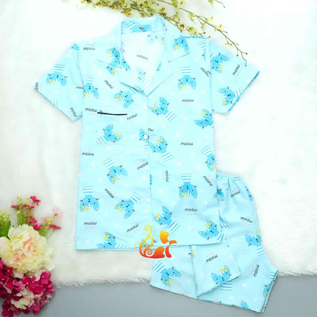 Đồ Bộ Mặc Nhà &quot;Mèo nơ xanh&quot; Pijama Kate Thái - Dưới 60kg