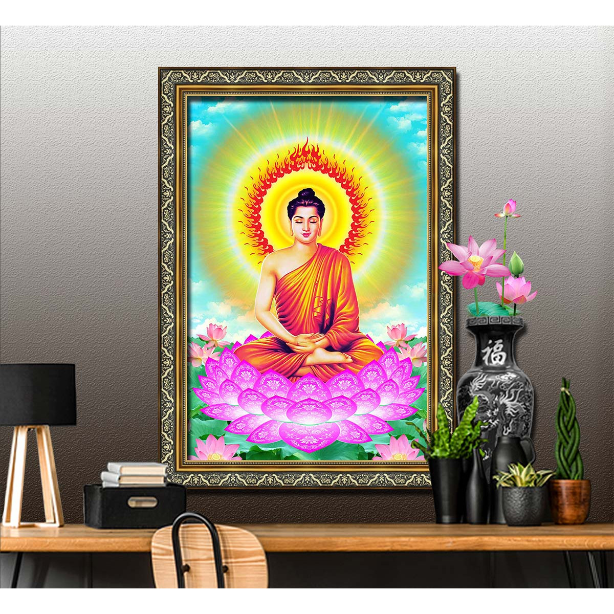 Bức tranh ĐỨC PHẬT gồm 2 lựa chọn chất liệu in trên vải lụa canvas hoặc trên giấy ảnh bề mặt PVC gương, mã số: TP20071364L8D