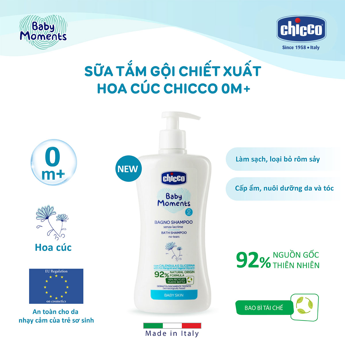Sữa tắm gội cho bé chiết xuất Hoa cúc 0M+ Chicco 500ml