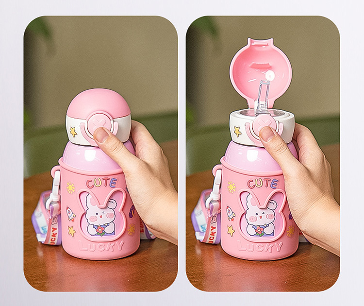 Bình giữ nhiệt nóng lạnh cho bé đi học siêu CUTE 500ml, kèm vỏ bọc sillion và dây đeo (đỏ)