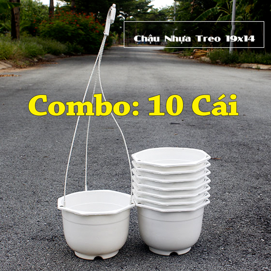 Combo 10 chậu treo trắng trơn đường kính 20x15cm có dây treo-0077470