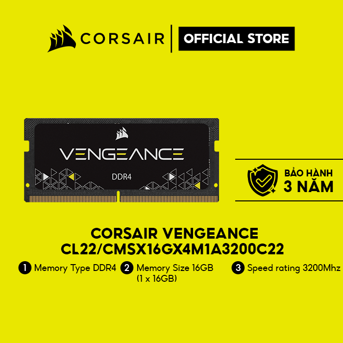 Bộ nhớ trong Corsair cho laptop DDR4, 3200MHz 16GB 1x16GB SODIMM,Black PCB,1.2V/CMSX16GX4M1A3200C22 Hàng chính hãng