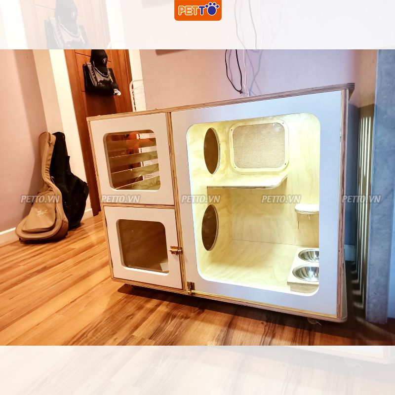 Tủ cho mèo BẰNG GỖ - Khách sạn cho mèo thiết kế 3 cửa kính trong suốt SANG TRỌNG dài 1m1 CC017