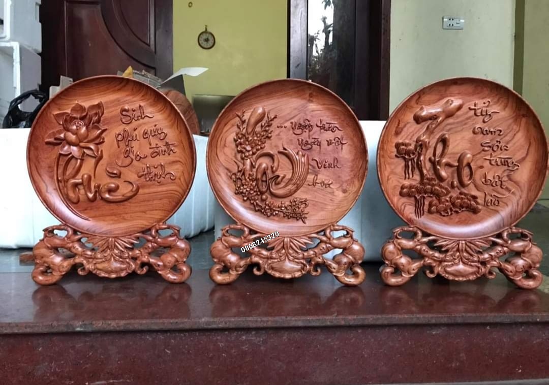 Combo 3 đĩa khắc chữ phúc lộc thọ ,phong thủy trang trí phòng khách bằng gỗ hương đá kt mặt tròn 40×4cm