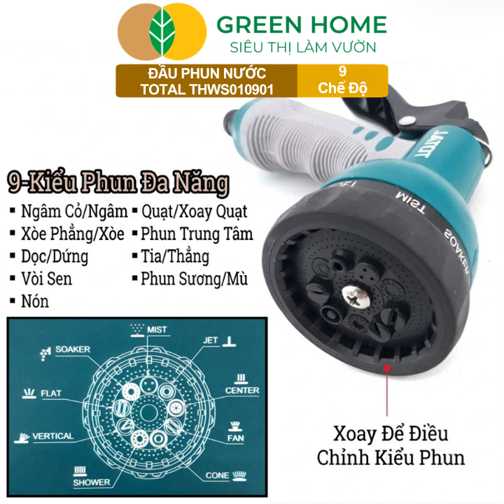 Đầu Phun Nước Total THWS010901 GreenHome, 9 Chế Độ Phun Linh Hoạt,Chất Liệu ABS, Tay Cầm Chống Trượt