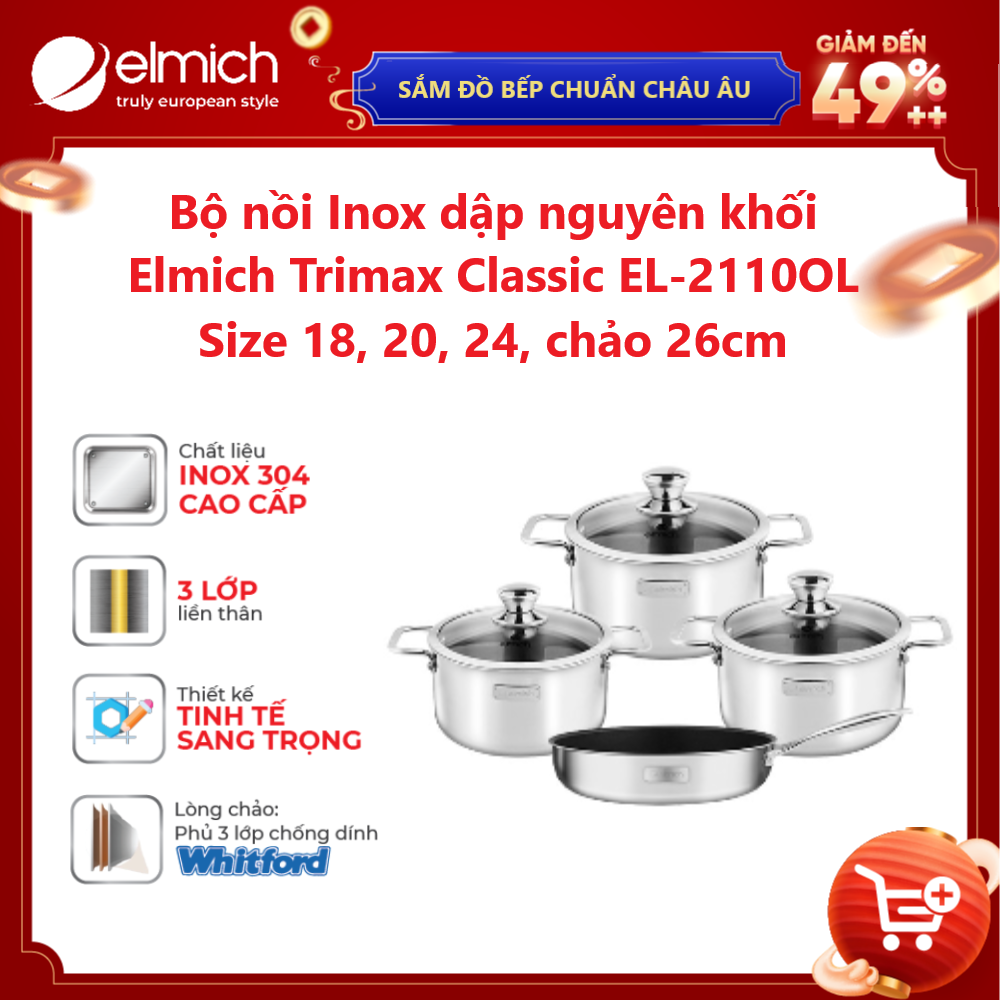 Bộ nồi Inox dập nguyên khối Elmich Trimax Classic EL-2110OL Size 18, 20, 24, chảo 26cm