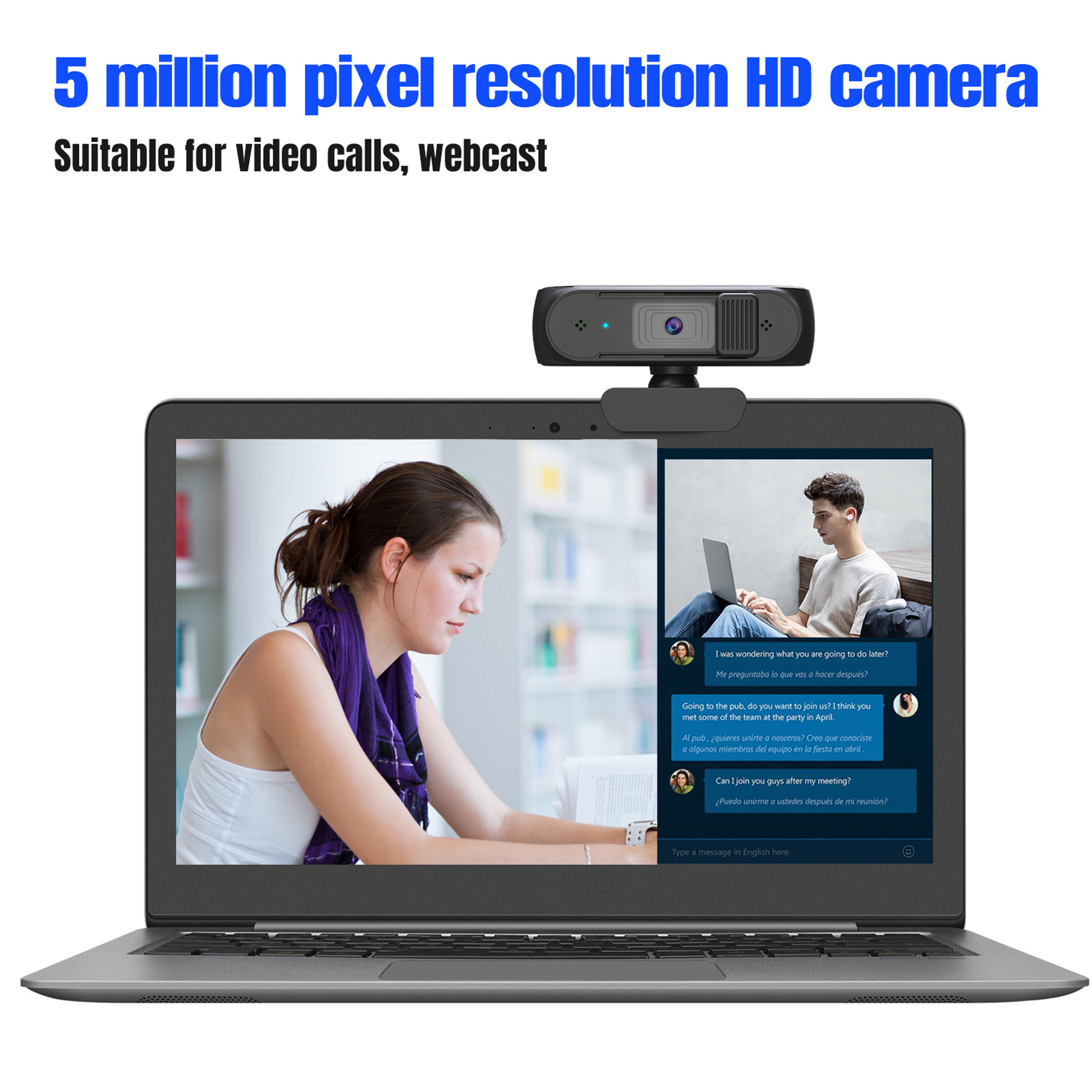 Webcam HXSJ S2 USB 2.5K FHD PC 5MP với hiệu chỉnh ánh sáng AF và Mic kép cho Video, dạy học