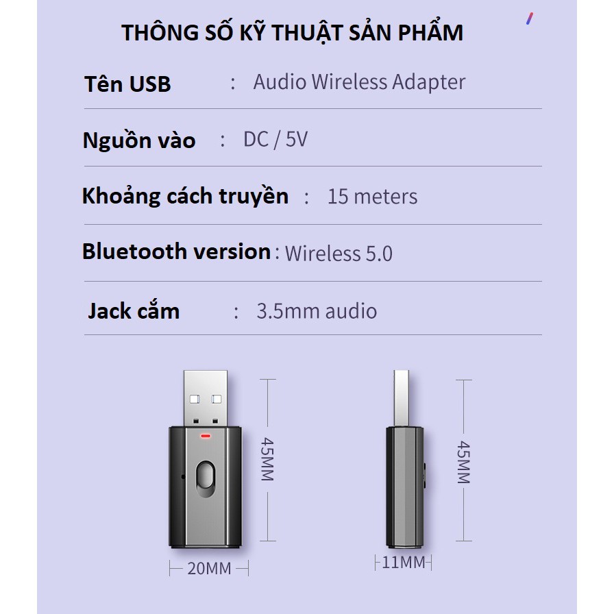 Thiết bị thu phát âm thanh Usb bluetooth 5.0 âm thanh đa chức năng jack cắm 3.5mm  KitAcoom cho loa, ô tô tai nghe bluetooth, biến loa thường thành loa Bluetooth, Hàng Chính Hãng