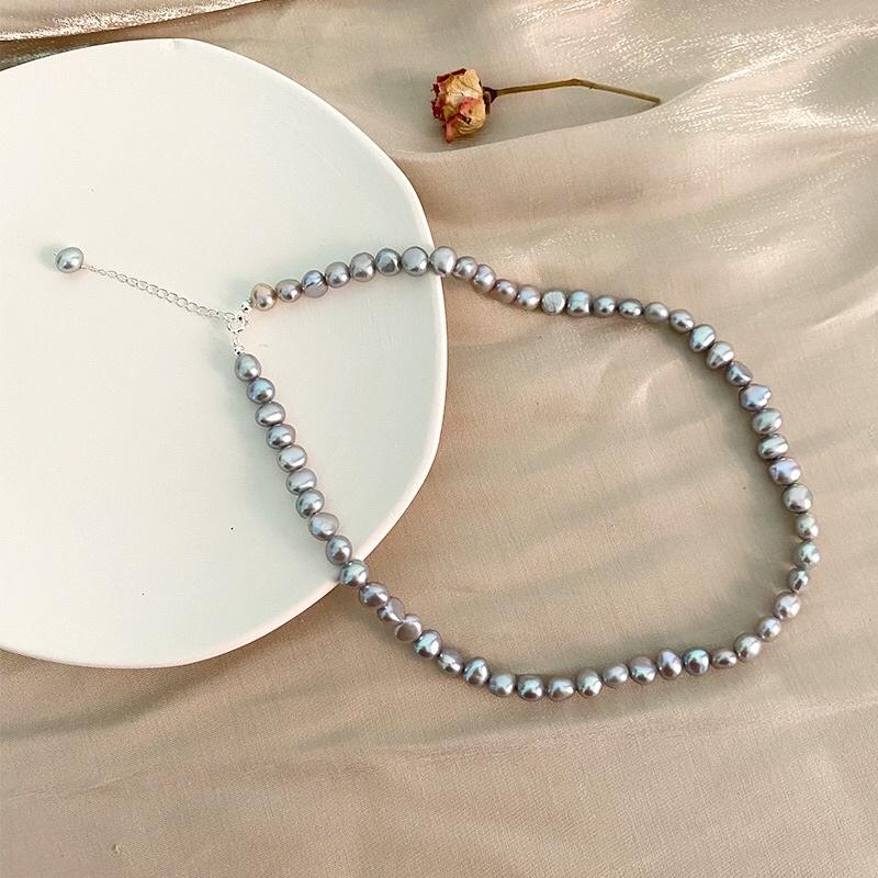 Vòng Cổ Hạt Dẹt Màu Xám Size Hạt 8ly Khóa Bạc s925, Vòng Cổ Ngọc Trai Nước Ngọt Tự Nhiên - Ngọc Trai Trường Thịnh