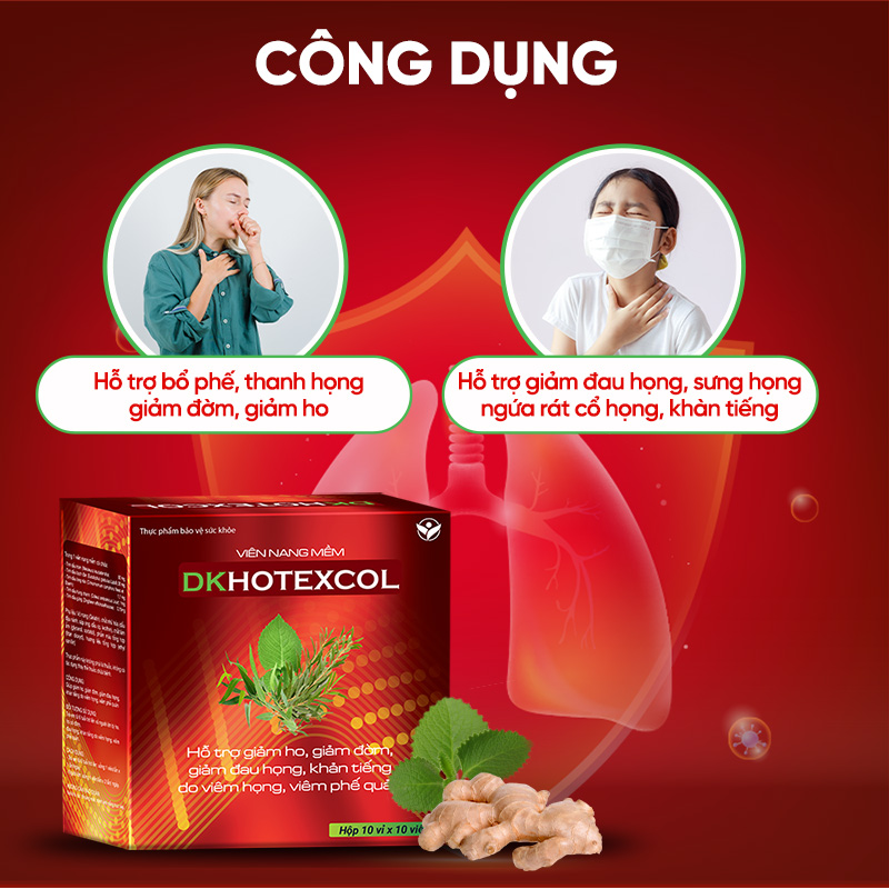 Viên Uống DK Hotexcol Hỗ Trợ Giúp Dịu Cơn Ho, Giảm Đau Rát Họng Hộp 10 vỉ x 10 viên