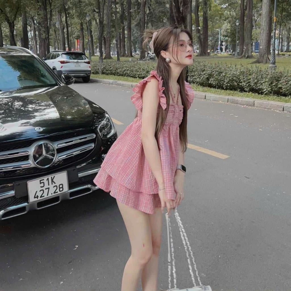 Sét bộ đùi mocking xốp caro tay bèo nhún ngực cổ phối dây siêu xinh