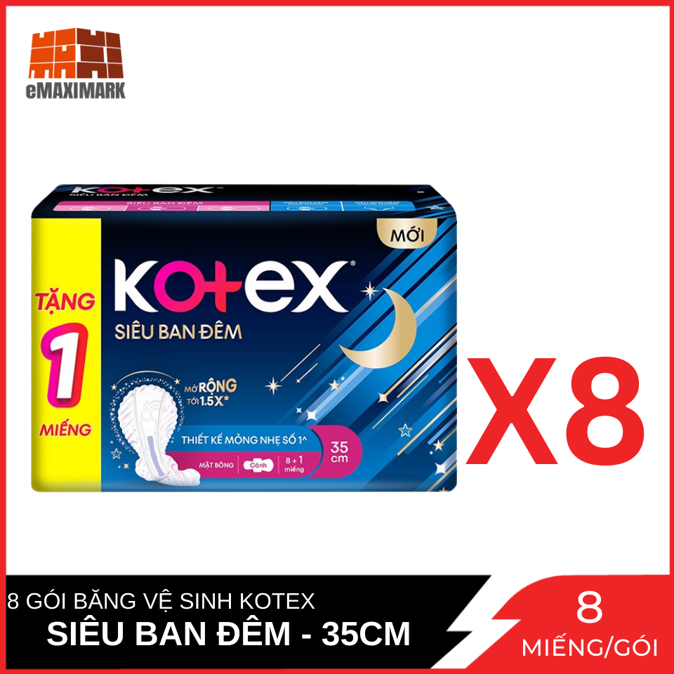 Combo 8 Băng Vệ Sinh Có Cánh 35cm Kotex Siêu Ban Đêm 9 Giờ Chống Tràn 8 miếng