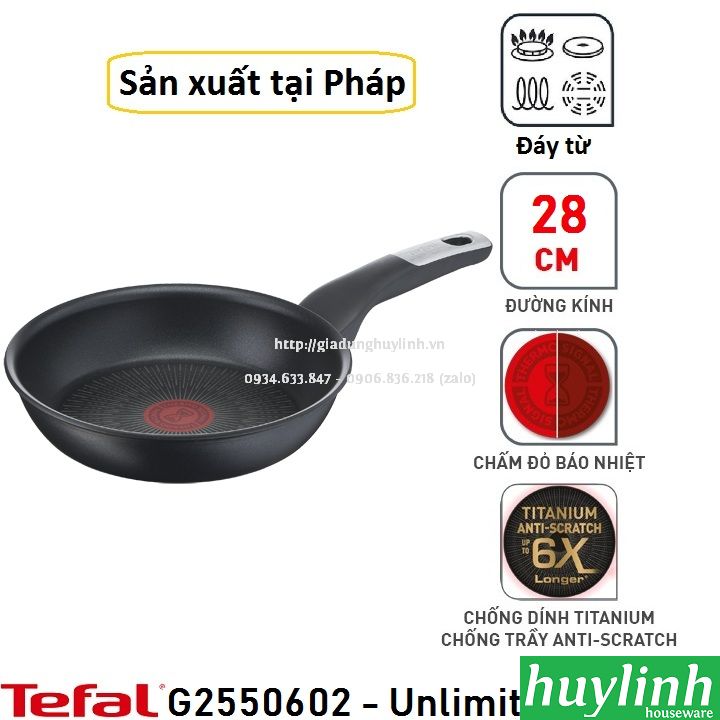 Chảo chiên chống dính đáy từ Tefal Unlimited 28cm dùng cho mọi loại bếp - Sản xuất tại Pháp - G2550602 - Hàng chính hãng